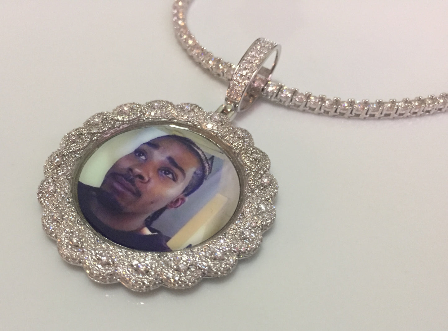 Large Moissanite Memory Photo Pendant (Weave pattern stone style)