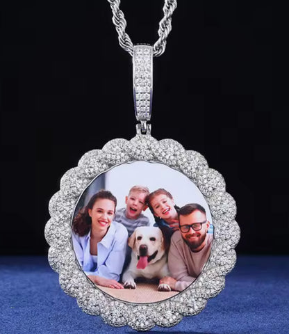 Large Moissanite Memory Photo Pendant (Weave pattern stone style)