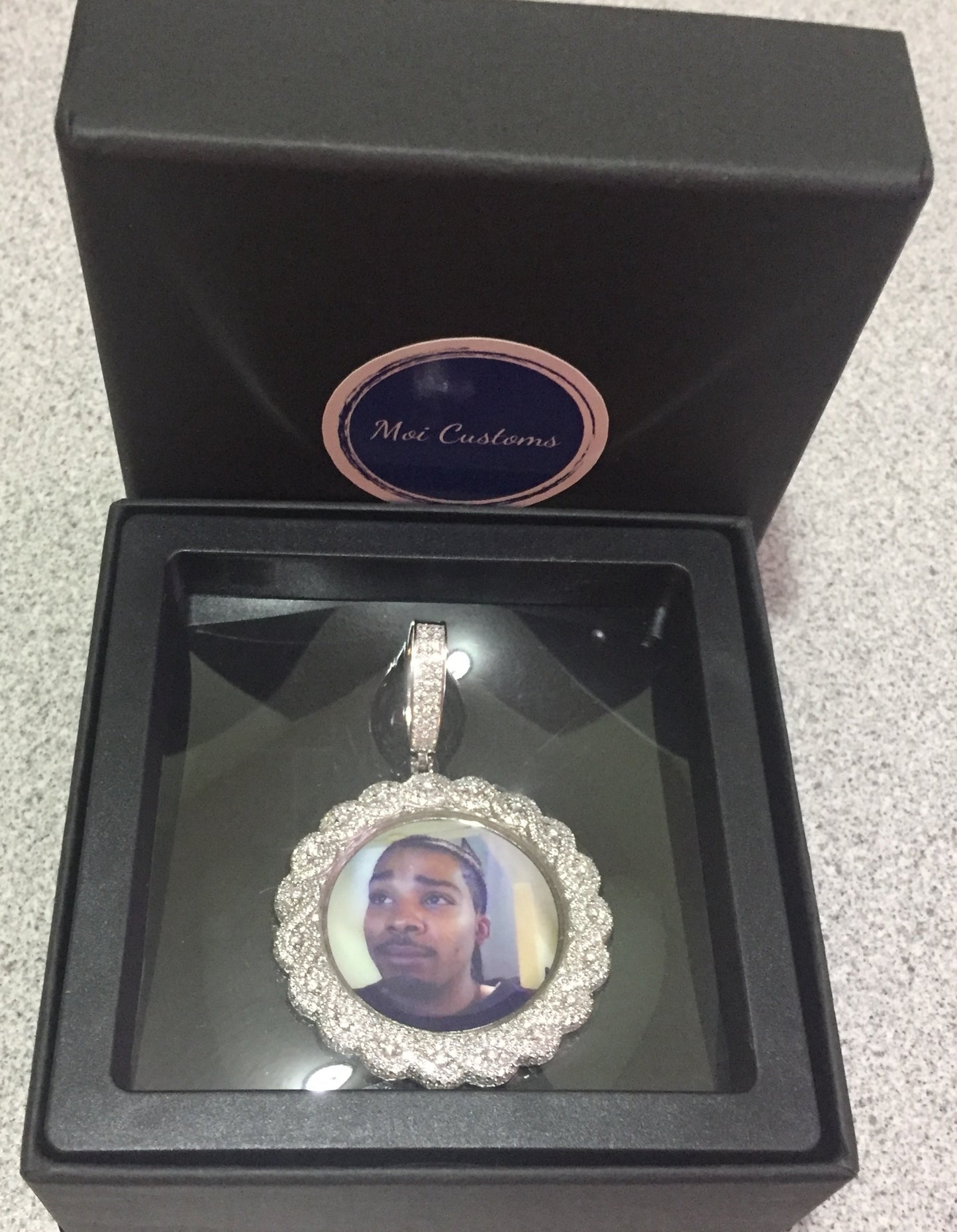 Large Moissanite Memory Photo Pendant (Weave pattern stone style)