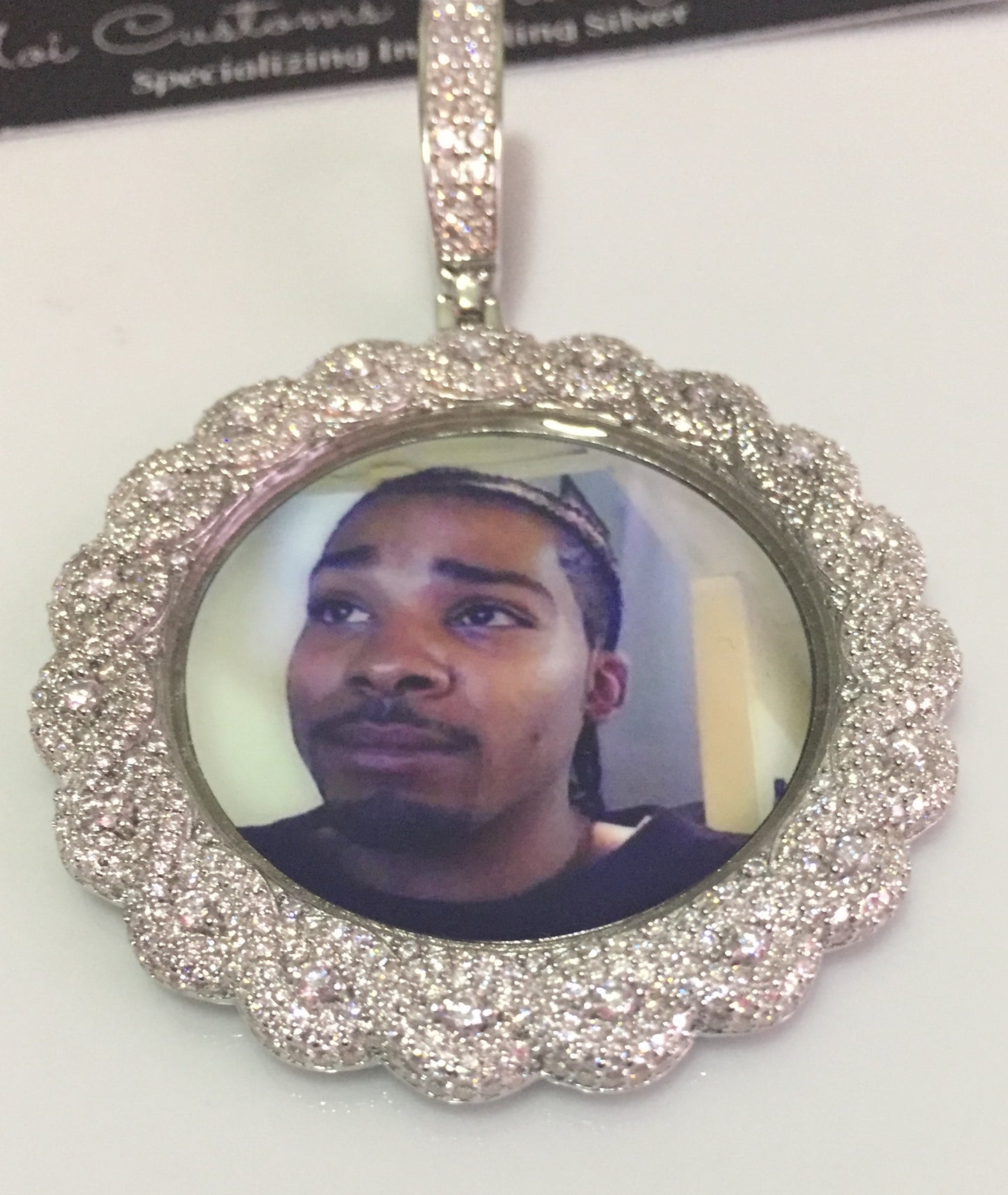 Large Moissanite Memory Photo Pendant (Weave pattern stone style)