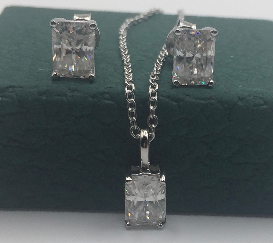 1ct Moissanite Radiant Cut Necklace+Earrings Set