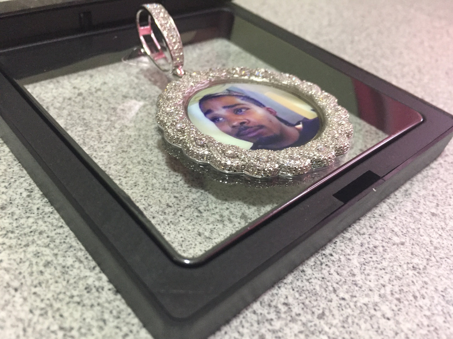 Large Moissanite Memory Photo Pendant (Weave pattern stone style)