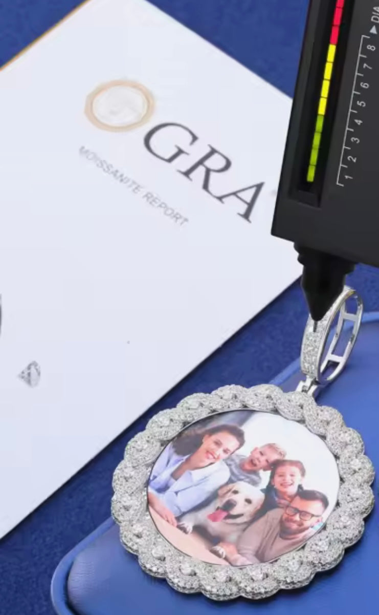 Large Moissanite Memory Photo Pendant (Weave pattern stone style)